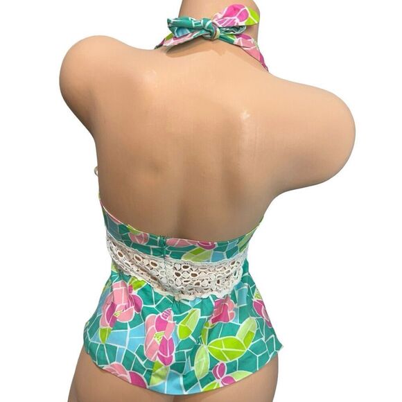 Lilly Pulitzer Floral Mosaic Crochet Cutout White Label Halter Top Eyelet Size 2 - Picture 3 of 7